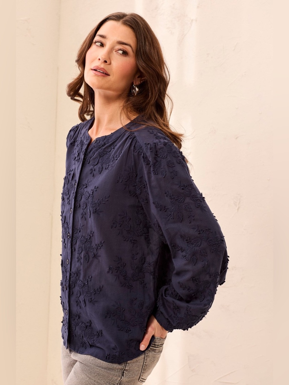 & Other Stories Voluminous Floral Applique Blouse Navy Women’s 2